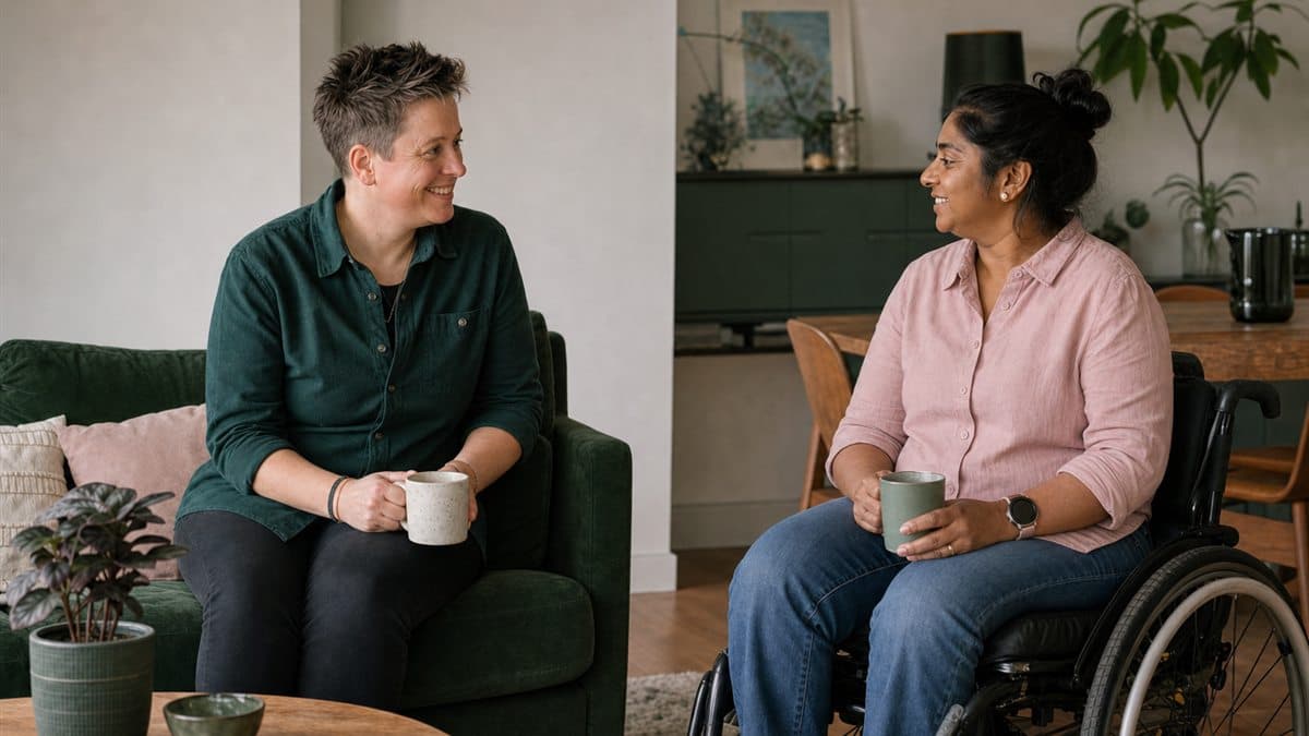 Two adults, including a wheelchair user, sharing a relaxed conversation at home